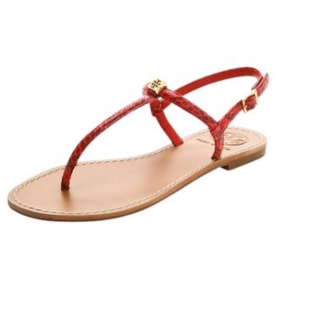Tory Burch Tan and Red Sandals with T-Strap Design
